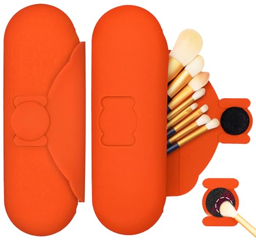 Travel Silicone Makeup Brush Holder with Cleaning Pad and Magnetic Closure - color: Orange
