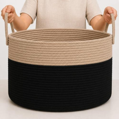 OrganiHaus Round Toy Basket & Blanket Basket, Cotton Rope 20x13" - color: Black / Honey, size: Wide