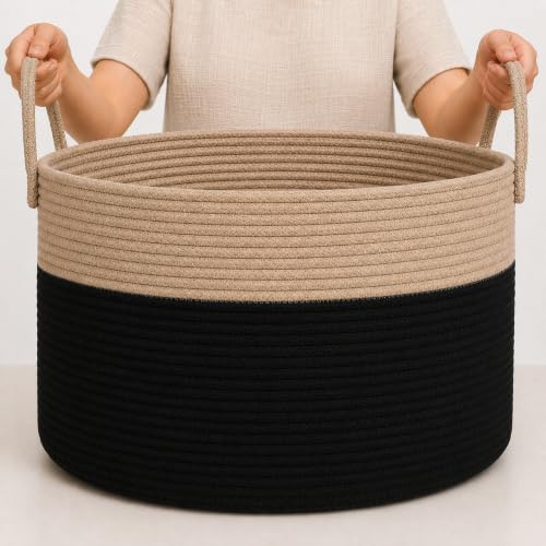 OrganiHaus Round Toy Basket & Blanket Basket, Cotton Rope 20x13" - color: Black / Honey, size: Wide