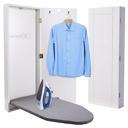 Ivation Wall-Mounted Ironing Board Cabinet, Foldable Ironing Storage Station for Home, Apartment , Easy-Release Lever, Garment Hooks, White - size: Right Side Door
