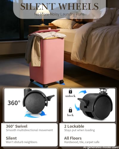 Laundry Hamper with Wheels, 75L Rolling Laundry Basket, Removable Inner Bag - color: Pink, size: 75L