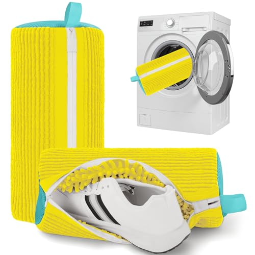 Shoe Washing Machine Bag Shoe Laundry Bags for Sneakers Reusable 2pc Shoes Cleaning Bags 360° Deep Clean for All Shoes Types With Invisible Zipper - color: Light Yellow 2pcs