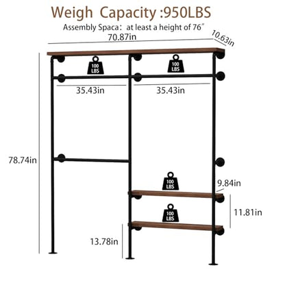 HOMEKAYT Industrial Pipe Clothes Rack,Wall Mounted Clothing Rack with Shelves, Heavy Duty Multi-Purpose Storage Clothes Hanging Shelf - 70.8''L Black - color: black, size: 70.8''L-A