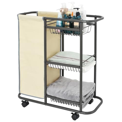 Between Washer & Dryer Laundry Cart, Narrow 3-Tier Rolling Hamper, 45L Bag - color: Beige