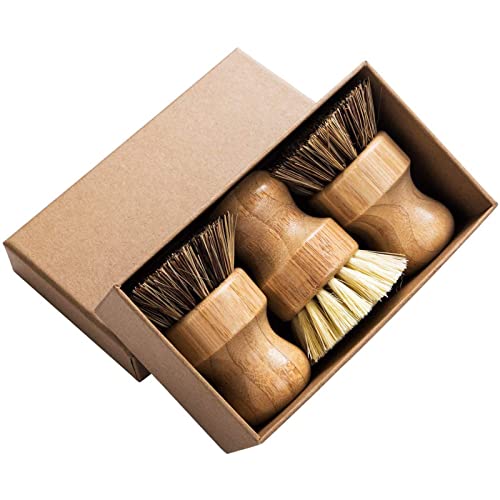 Palm Pot Brush- Bamboo Round 3 Packs Mini Dish Brush Natural Scrub Brush Durable Scrubber Cleaning Kit with Union Fiber and Tampico Fiber for Cleaning Pots, Pans and Vegetables - size: 3 Count (Pack of 1)