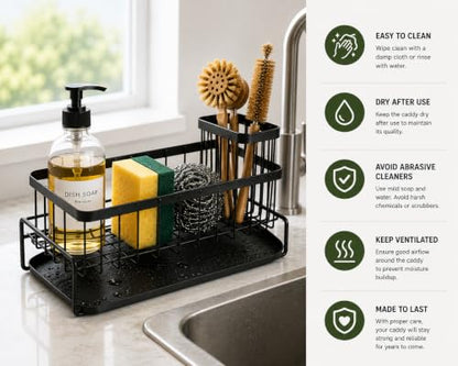 Kitchen Sink Caddy Organizer with Removable Drain Tray, Rustproof Sponge Holder for Kitchen Counter, Carbon Steel Organizer for Soap Dispenser, Scrub Brush & Cleaning Accessories.