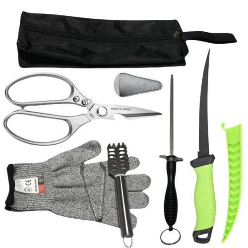 Fishing Knife Set, Fish Cleaning Kit, Filet Knife for Fish, Fish Scale Cleaning Brush, Multi-Functional Scissors, Gloves, Fishbone Tweezers, Storage Bag,Fishing Accessories,Fishing Tool Kit - size: 7PCS-Green