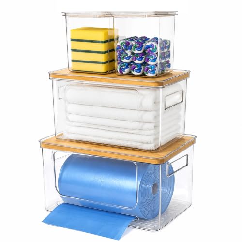 Trash Bag Organizer Under Sink Storage, 4 Piece Stackable Clear Storage Bins with Bamboo Lids, Fits 13/30/33 Gallon Bags, Organizer for Laundry Pods, Dishwasher Pods, Kitchen Pantry - size: bamboo lid