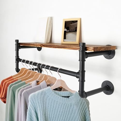 WEBI Wall Mounted Clothes Rack with Shelf,24" Industrial Pipe Clothing Rack with Shelves,Heavy Duty Iron Garment Bar,Retail Display Clothes Rod for Laundry Room,Black - color: Black, size: 24 Inch