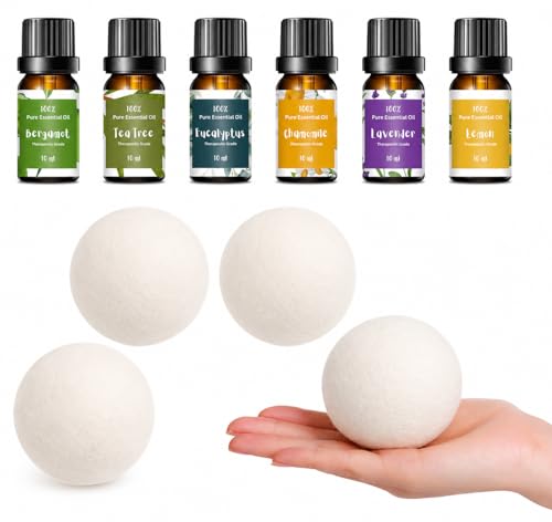 Laundry Kit with Wool Dryer Balls & Essential Oils Set – 4 XL White Dryer Balls + 6 Scent Oils for Natural Fabric Softening, Fresh Scent & Chemical-Free Laundry - color: White W/ Essential Oil Set
