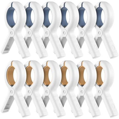 Senbowe 12 Pack Beach Towel Clips, Heavy Duty Plastic Clothes Pins, Windproof Clothes Clips to Dry on Clothesline and Hanging Rack - color: Blue, Khaki (3.7 Inch)