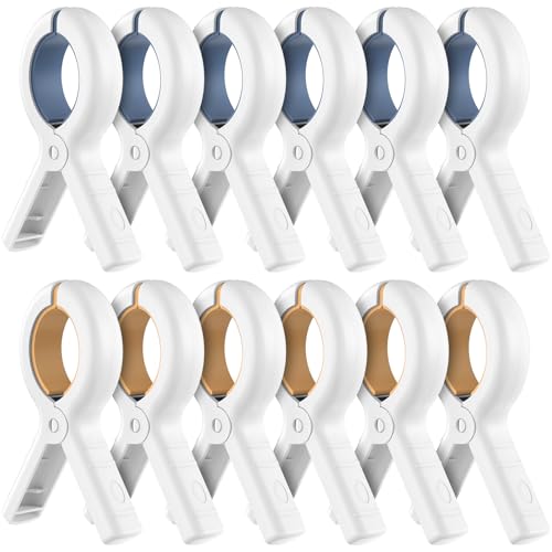 Senbowe 12 Pack Beach Towel Clips, Heavy Duty Plastic Clothes Pins, Windproof Clothes Clips to Dry on Clothesline and Hanging Rack - color: Blue, Khaki (3.7 Inch)