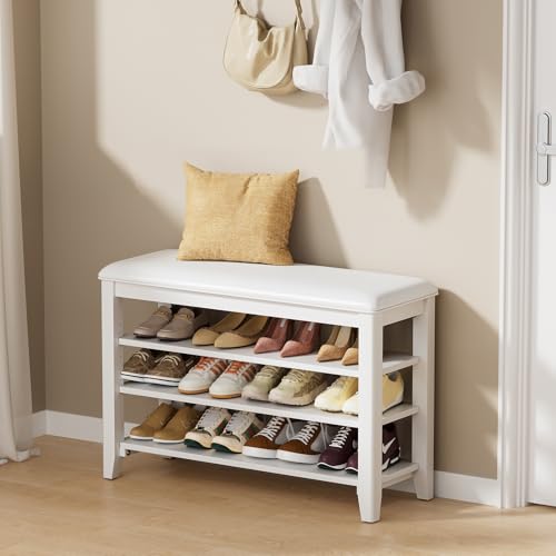 Taitiy Shoe Bench with 3 Tier Adjustable Shelves Rubberwood Entryway 31.5'' - color: White, size: 31.5''