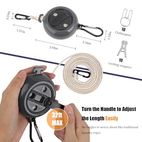 32Ft Portable Travel Clothesline Caudblor Adjustable Camping Clothes Laundry Drying Rope for Hotel Trip, Cruise, Outdoor/Indoor with 10 Windproof Clips, 10 Clothespins, 1 Storage Bag（Black）