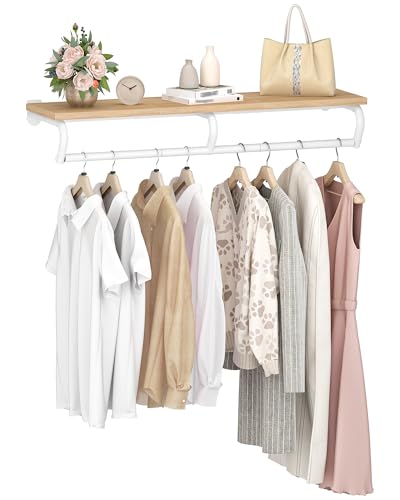 CHOEZON Wall Mounted Clothes Rack, Metal Garment Rack with Top Shelf, Laundry Storage Shelf with Hanging Rod, for Laundry Room, Bedroom, Entryway and Storage Room, Natural and White TYM02NW - color: Natural, White