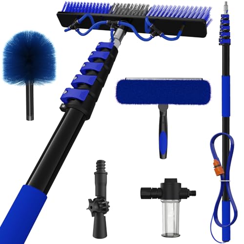 30Ft Reach Solar Panel Cleaning Brush Kit with 5-24ft Telescoping Pole, Water Fed Window Cleaner Tool with 20" Brush, Soap Dispenser, Cobweb Duster, Squeegee for Roof, RV, Gutter, Boat, Deck - color: Blue