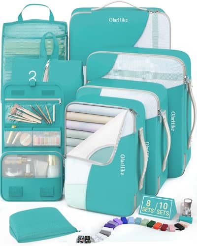 OlarHike Packing Cubes for Travel,Gifts for Women Mom,Anti-Tearing Suitcase Organizer for Luggage with Shoe & Hanging Toiletry Bag,Vacation Essentials & Accessories for Cruise Ship,8 Set,Turquoise - color: 16 Turquoise