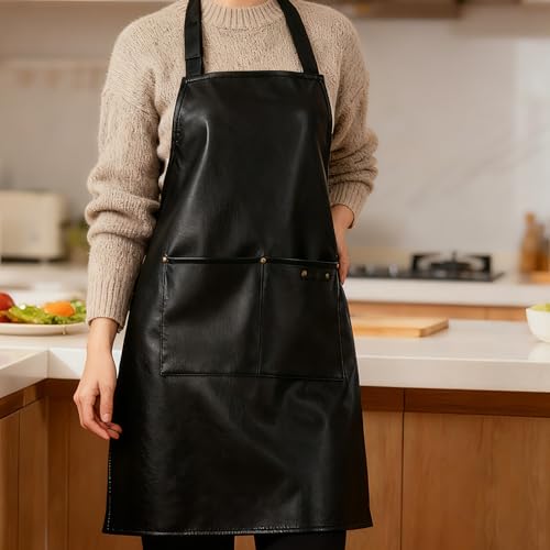 eywlwaar PU Waterproof Apron with 2 Big Pockets Adjustable Oil Proof Apron for Kitchen Dishwashing Cooking 29.92"x 26.77" - color: Black&white