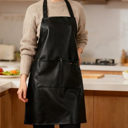 eywlwaar PU Waterproof Apron with 2 Big Pockets Adjustable Oil Proof Apron for Kitchen Dishwashing Cooking 29.92"x 26.77" - color: Black&orange