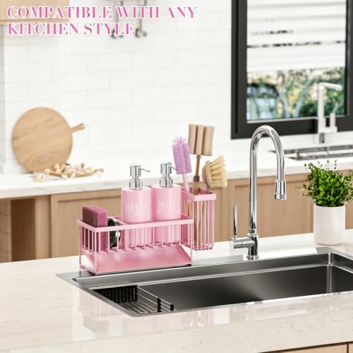 MASADI Pink &Silver Kitchen Dish Soap Dispenser Set with Sponge Holder, 12OZ Glass Bottle, Hand and Dish Soap Dispenser Set, Non-Slip Silicone Pad, Brush Holder, Kitchen Sink Organizer Countertop - color: All Pink