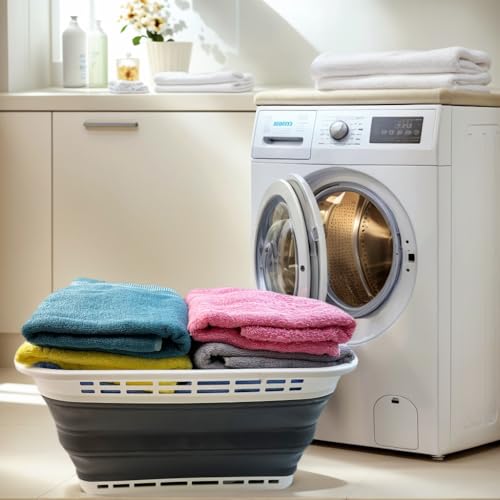 SAMMART 42L (11 Galloons) Collapsible Plastic Laundry Basket - Foldable Pop Up Storage Container/Organizer - Portable Washing Tub - Space Saving Hamper/Basket (White/Asphalt) - color: White/Asphalt