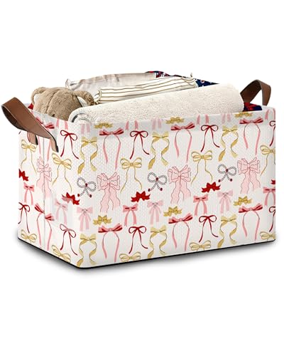 Cute Pink Bow Storage Baskets,Foldable Organizer Bin with Handles for Home Living Room Bedroom Closet Box 17x11.5x10Inch - color: Cute Pink Bow
