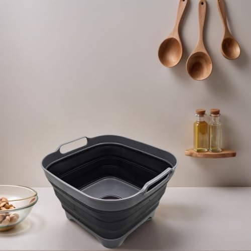 SAMMART 10L (2.64 Gallon) Collapsible Dishpan with Draining Plug - Foldable Washing Basin - Portable Dish Washing Tub - Space Saving Kitchen Storage Tray (1, Grey/Black) - color: Grey/Black