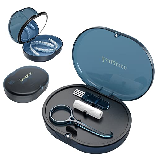 New Double-layer Retainer Storage Case with Belt Chewing,Removal Tool,Cleaning Brush,Built in Mirror Orthodontic Retainer Case - color: blue