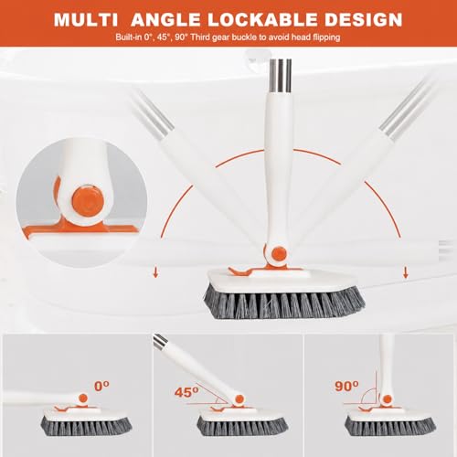 Tile Tub Scrubber Brush with 52-inch Adjustable Long Handle 3-in-1 Rotatable Shower Brush for Cleaning，3 Different Replacement Brush Heads for Cleaning Tub Tile Bathroom Kitchen Walls ，Orange