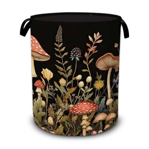 Red Mushrooms Laundry Basket,Wildflower Plant Berries Large Collapsible Portable Round Laundry Hamper with Handles,Oxford Storage Bin for Clothes,Blankets,Bedroom,Bathroom - color: Red Mushrooms Wildflower Plant Berries