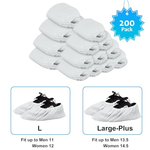 Shoe Covers Disposable 200Pack(100Pairs) Thicker White Shoe Booties Cover Non Slip for Home Floors Carpet Indoor,fits up to US Women 14.5 and Men 13.5 - size: Large-Plus