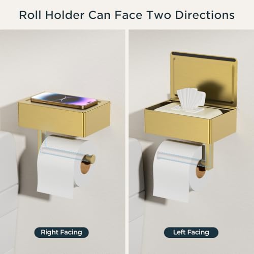 FORIOUS Toilet Paper Holder with Shelf, Wall-Mounted Modern Wipes Dispenser - color: Brushed Gold, size: Big 2 Pack-8" (L)