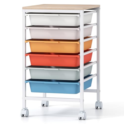 Giantex Rolling Storage Cart with 6 Drawers, Utility Cart w/Wooden Tabletop, Lockable Wheels, Multipurpose Organizer for Art Craft Scrapbooks Paper, Drawer Carts for Dorm Classroom Office, Macaron - color: Macaron, size: 6 Drawer-13"x14.5"x22.5"