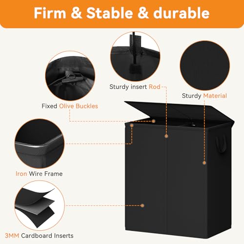 Chrislley Double Laundry Hamper with Lid, 140L Laundry Basket 2 Section - color: Black, size: 140l(24.0"l X 14.2"w X 25.2"h)