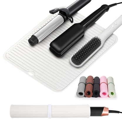 Heat Resistant Mat Large Silicone Hot Hair Tools Mat for Curling Irons Flat Iron Hair Straightener Vanity Mat Portable Hair Styling Tools Hot Pad 14.2"*11" - color: Off White