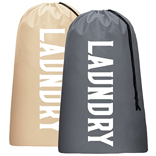 2 Pack XL Travel Laundry Bag, Machine Washable Dirty Clothes Organizer, Large Enough to Hold 4 Loads of Laundry, Easy Fit a Laundry Hamper or Basket (Khaki + Grey) - color: Khaki + Grey