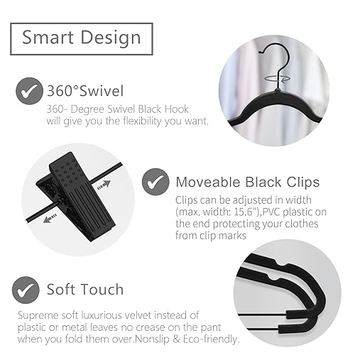 MIZGI Premium All Black Velvet Pants Hangers with Adjustable Clips (Pack of 20) Slim Skirt Hangers- Non Slip Felt Outfit Dress Hangers- Black Hooks,Space Saving Shirt Clothes Hangers - color: Black/Black, size: 20-Pack