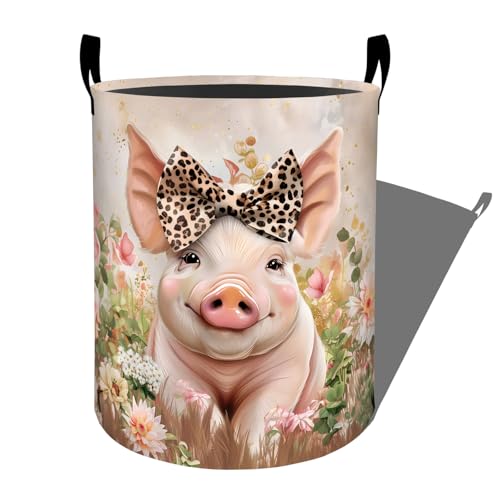 Cute Piglet with Bow and Flowers Laundry Basket, Dorm Nursery Foldable Laundry Hamper Organizer for Bathroom Decor, Toy Clothes Storage Box for Bedroom 19.7x15.7 Inch - style: Pig24