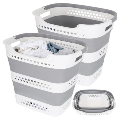 2 Pcs Collapsible Laundry Baskets, 43L Plastic Laundry Hamper for Dirty Clothes Dorm Bedroom, Space Saving Pop-Up Laundry Hamper Container, Foldable Durable Laundry Basket with Handle