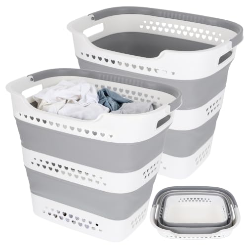 2 Pcs Collapsible Laundry Baskets, 43L Plastic Laundry Hamper for Dirty Clothes Dorm Bedroom, Space Saving Pop-Up Laundry Hamper Container, Foldable Durable Laundry Basket with Handle