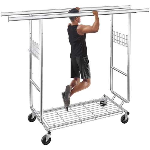 Gewudraw Clothes Rack Heavy Duty Load 900 Lbs With Wheels,Commercial,Chrome - color: Silver, style: Double Rod