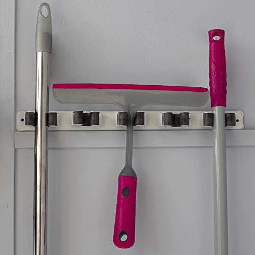 Mop and Broom Holder Wall Mounted Storage Organizer by Home Basics | 5 Slot Storage Rack with Textured Rubber Grippers for Kitchen, Garage, Laundry Room