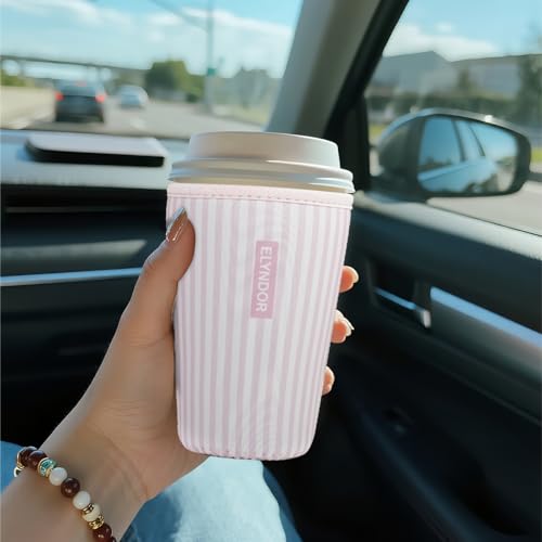 Reusable Insulated Sleeve for Iced Coffee Cup, Coffee Neoprene Sleeve for Cold & Hot Drinks, Beverage Holder for Iced Coffee (Pink Stripes, Small: 16-18oz) - color: Pink Stripes, size: Small: 16-18oz