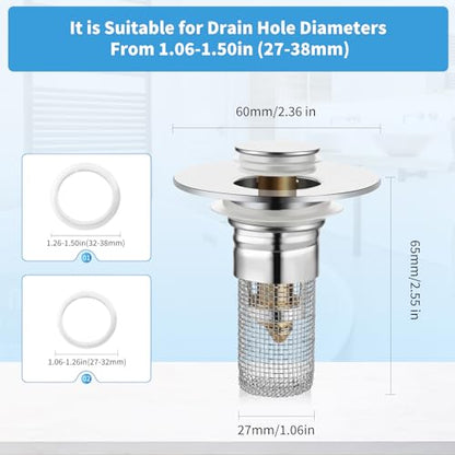 2 Pack Bathroom Sink Stopper for 1.06-1.50in (Silver)