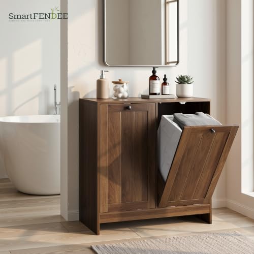 Smart FENDEE Double Tilt Out Laundry Hamper Cabinet, 11.8 Gallon Hidden Trash Cabinets with 2 Baskets for Kitchen, Freestanding Small Bathroom Storage Cabinet Unit, Walnut - color: Walnut