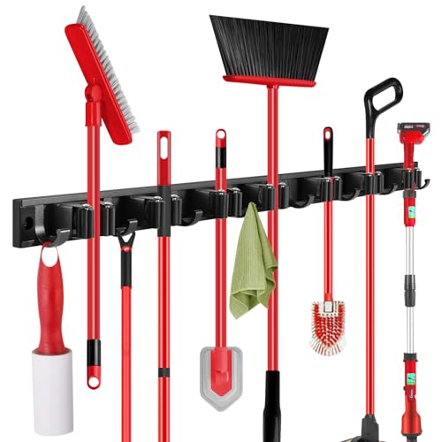 2 Pack Wall Mount Broom Holder with Sliding 3 & 4 Racks 4 Hooks，Mop Hanger