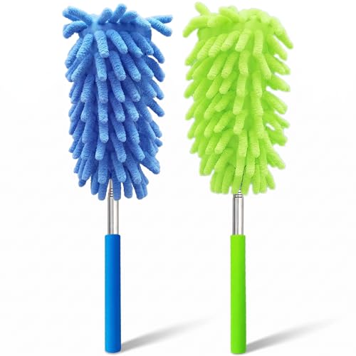 2 Pack Microfiber Duster for Cleaning, Hand Washable Dusters, Extendable Pole, Detachable Cleaning Supplies for Car, Ceiling Fan, Window, Furniture, Office