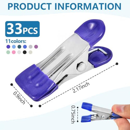 SenseYo 33 Pack Heavy Duty Clothes Pins 2.2 Inch Mini Chip Clips Bag Food Stainless Steel Clothes Pins with Rubber 11 Colors for Kitchen Photo Laundry Hanging Drying - size: 33