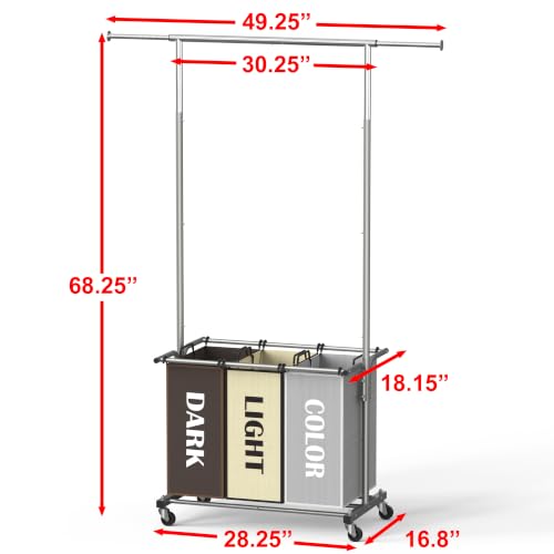 Simple Houseware 3 Bags Laundry Sorter Cart with Hanging Rod, Multi Color - color: Multi