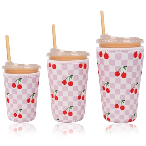 Reusable Insulated Neoprene Iced Coffee Cup Sleeve, Durable Drink Sleeve for Cold Beverages, Beverage Holder for Iced Coffee (Cherry Blush) - color: Cherry Blush